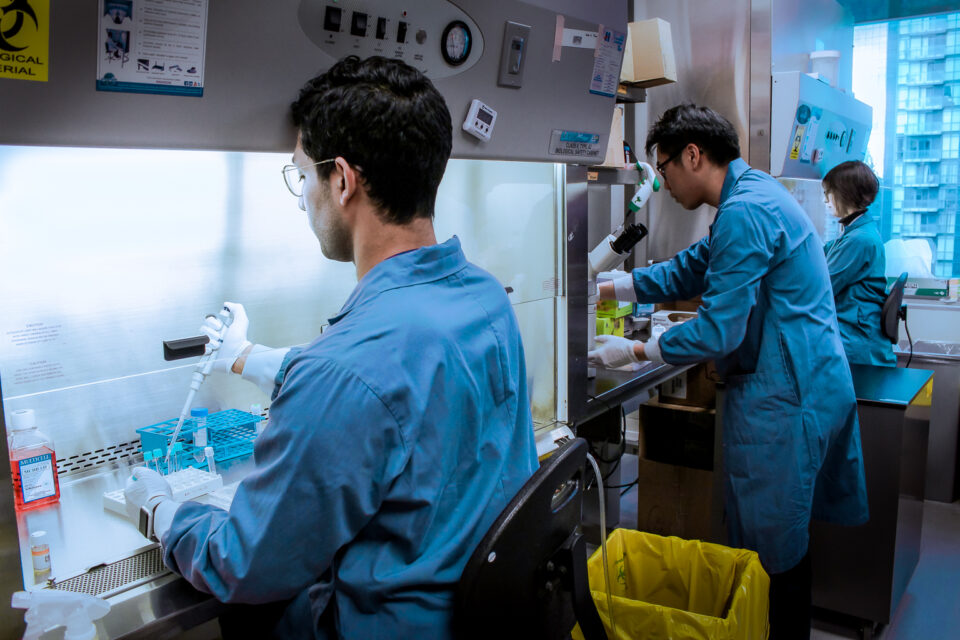 Alt text here: Three scientists doing experiments
