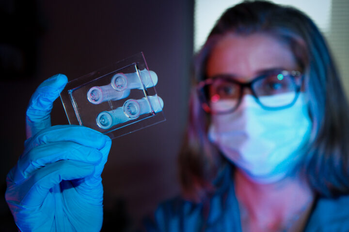 Scientist holding up a sample and looking at it